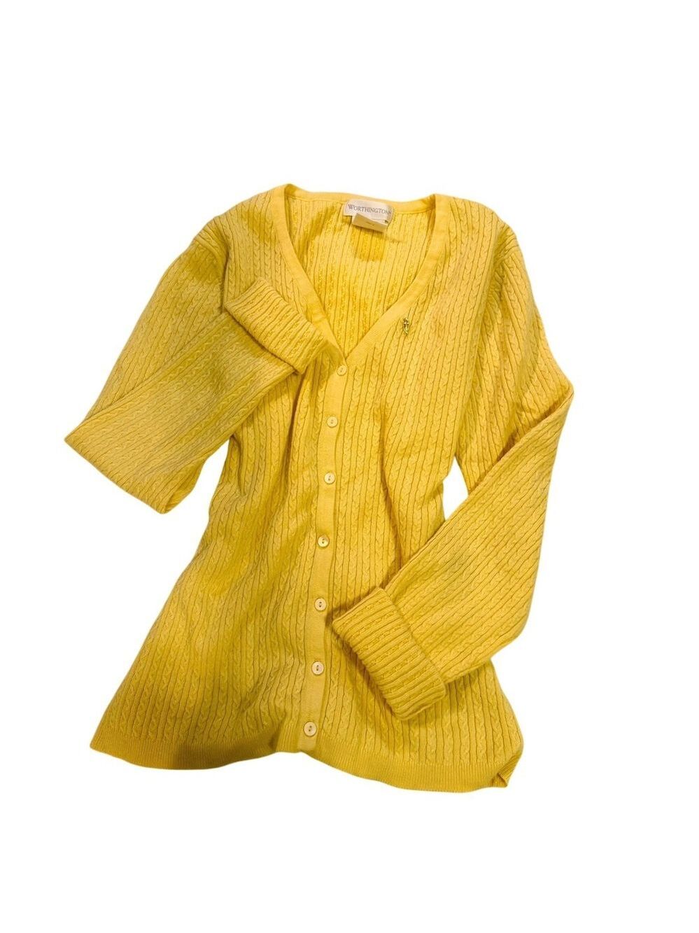 Worthington‎ Yellow Cable Knit Cardigan Sweater Women Small Preppy Cottagecore